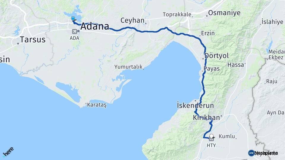 Adana Çukurova Hatay Havalimanı Arası Kaç Km - Yol Haritası