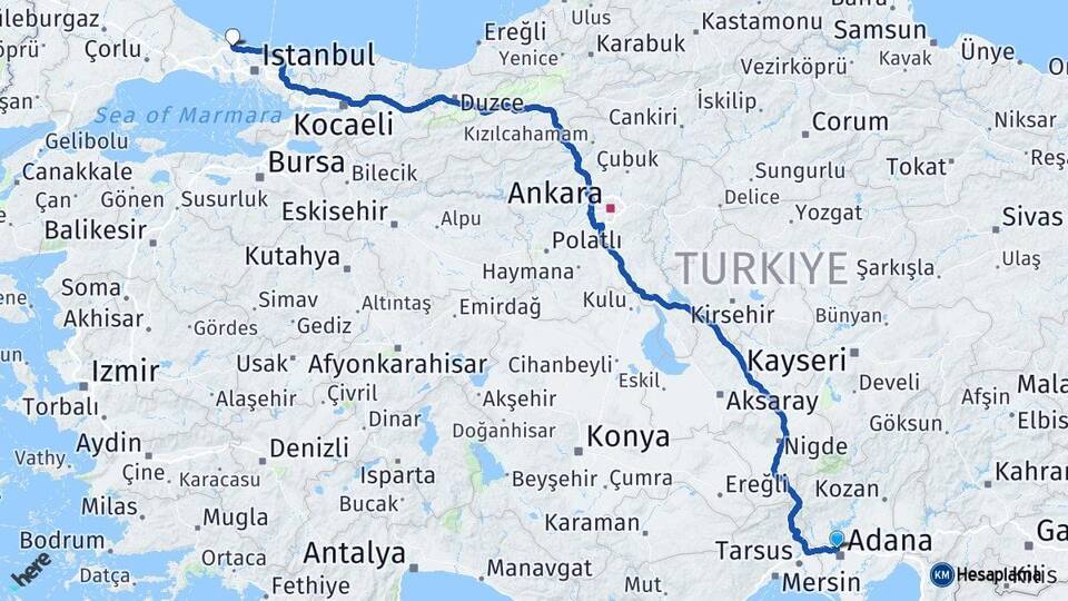 Adana Çukurova İstanbul Havalimanı Arası Kaç Km - Yol Haritası