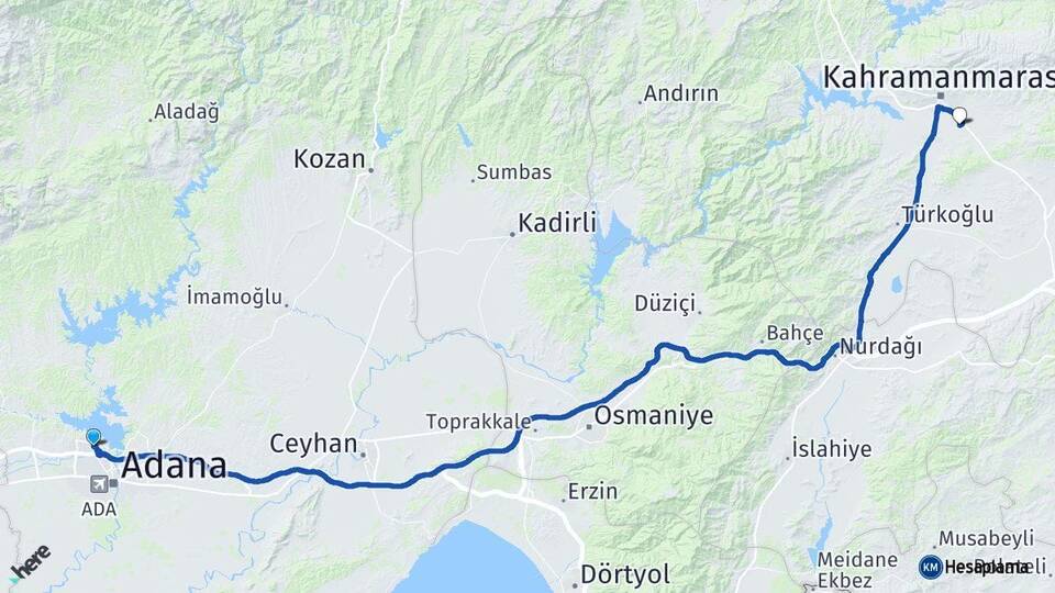 Adana Çukurova Kahramanmaraş Havalimanı Arası Kaç Km - Yol Haritası