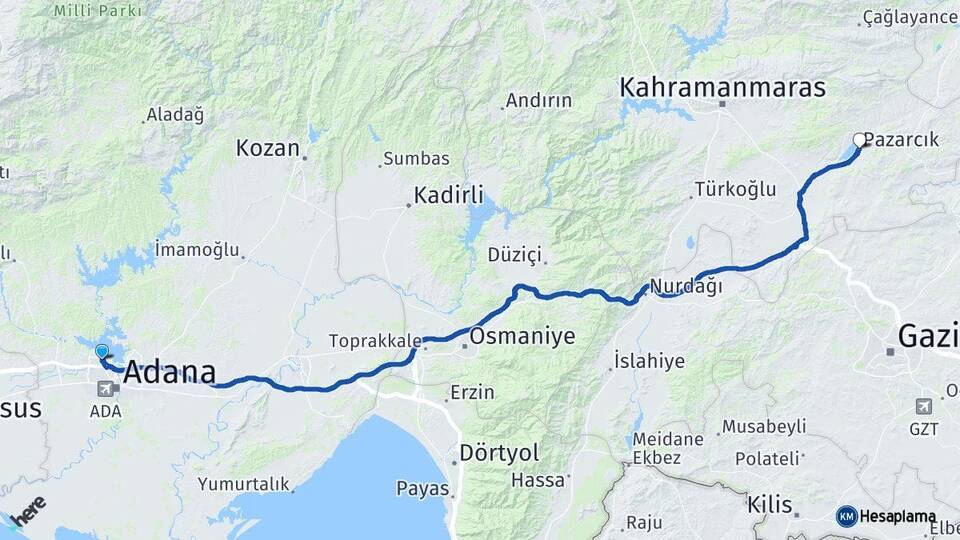 Adana Çukurova Pazarcık Kahramanmaraş Arası Kaç Km - Yol Haritası