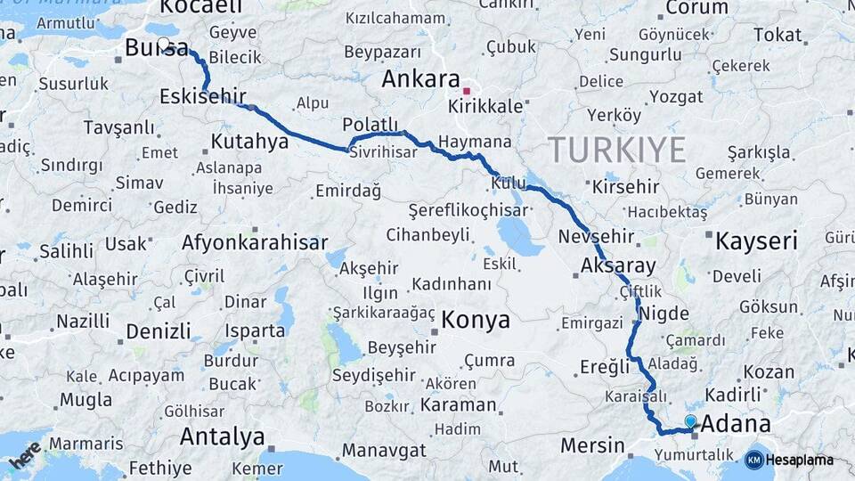 Adana Çukurova Yenişehir Havalimanı Arası Kaç Km - Yol Haritası