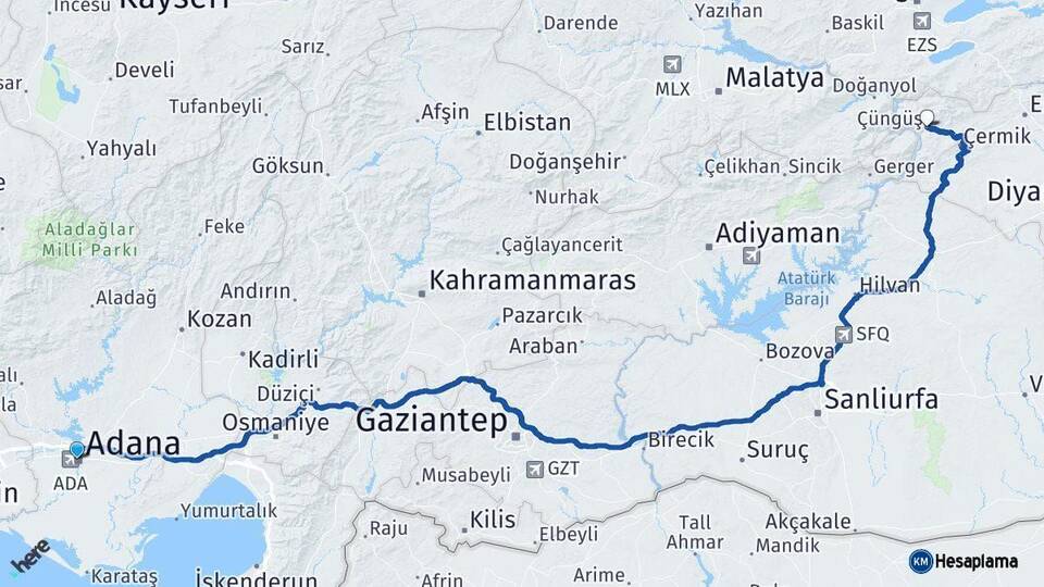 Adana Çüngüş Diyarbakır Arası Kaç Km - Yol Haritası