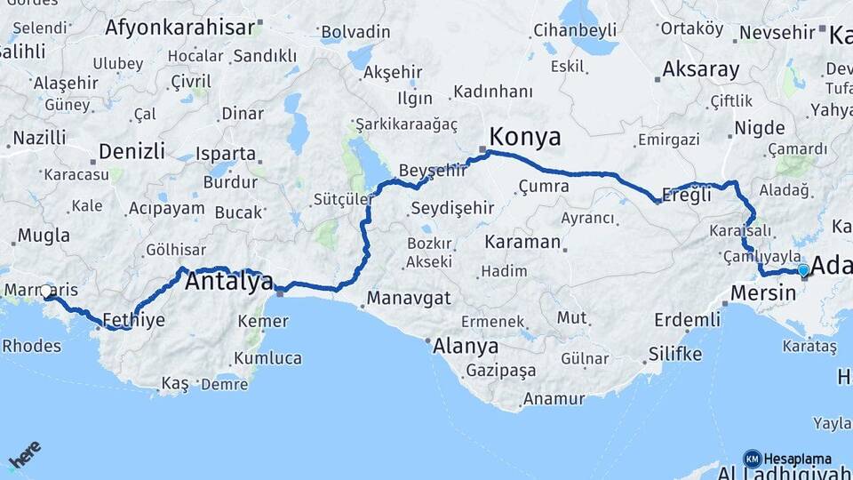 Adana Dalyan Ortaca Muğla Arası Kaç Km - Yol Haritası