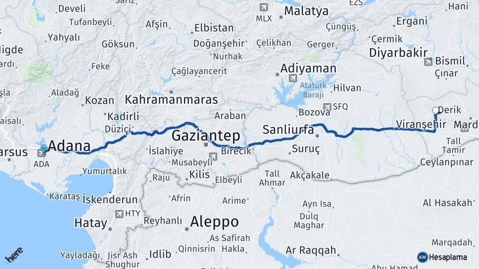 Adana Derik Mardin Arası Kaç Km - Yol Haritası