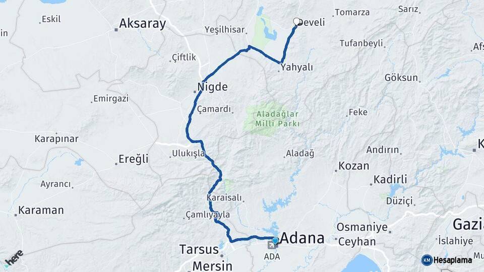 Adana Develi Kayseri Arası Kaç Km - Yol Haritası
