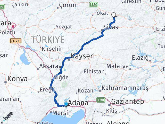Adana Doğanşar Sivas Arası Kaç Km - Yol Haritası