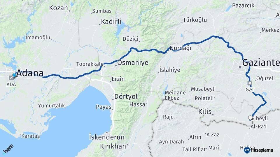 Adana Elbeyli Kilis Arası Kaç Km - Yol Haritası