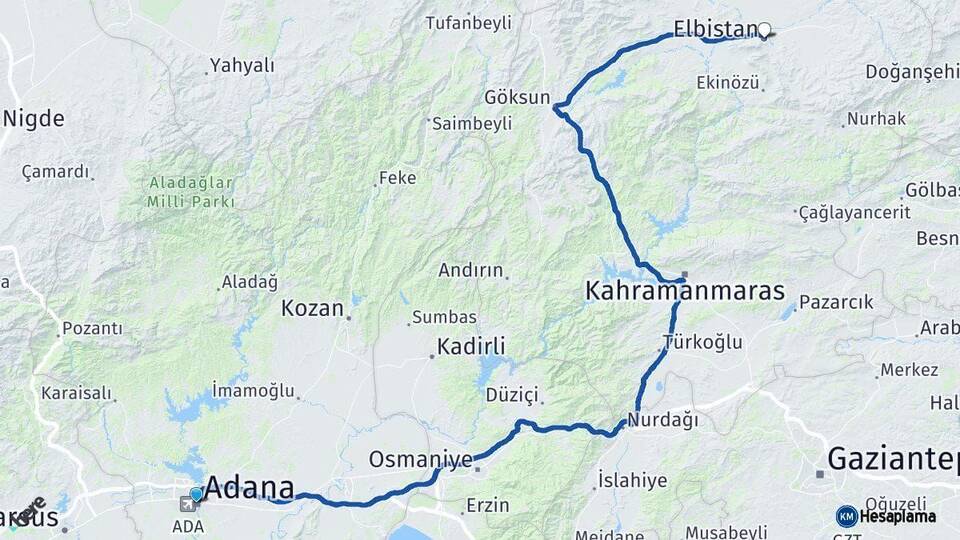 Adana Elbistan Kahramanmaraş Arası Kaç Km - Yol Haritası