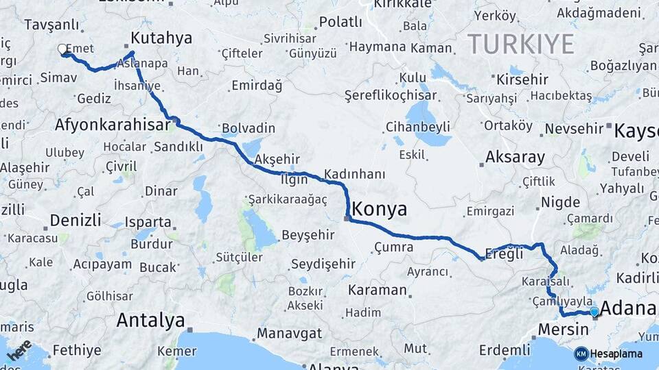 Adana Emet Kütahya Arası Kaç Km - Yol Haritası