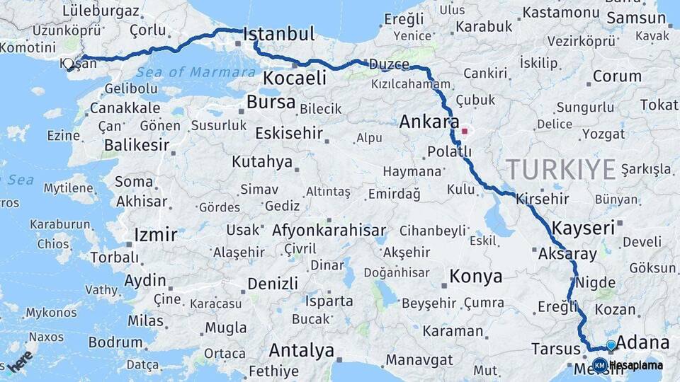 Adana Enez Edirne Arası Kaç Km - Yol Haritası
