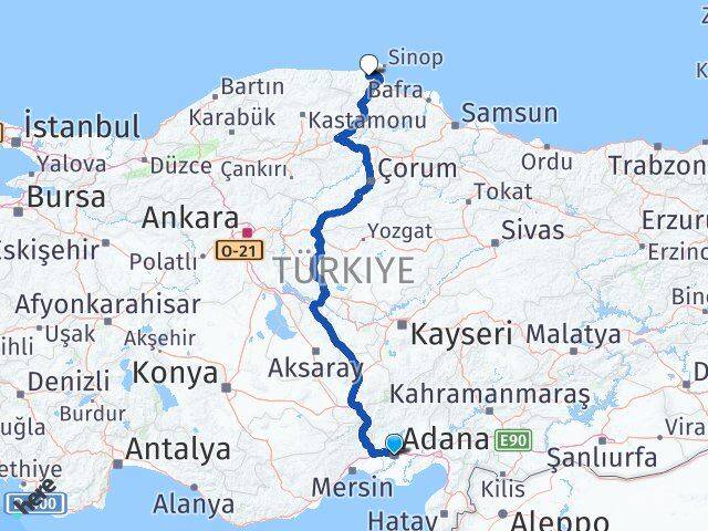 Adana Erfelek Sinop Arası Kaç Km - Yol Haritası
