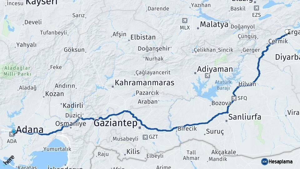 Adana Ergani Diyarbakır Arası Kaç Km - Yol Haritası