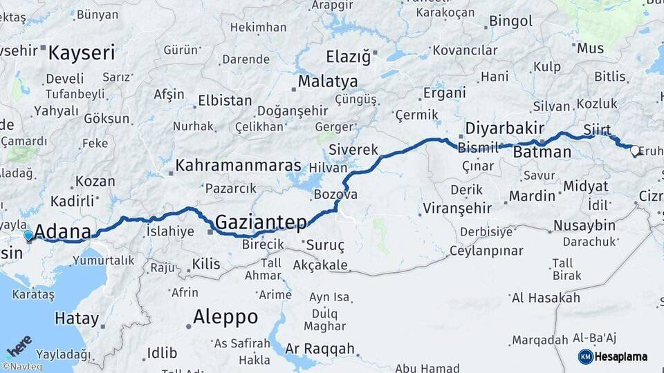 Adana Eruh Siirt Arası Kaç Km - Yol Haritası