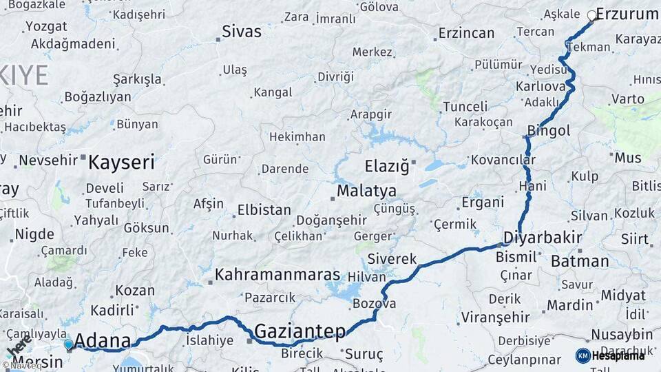 Adana Erzurum Arası Kaç Km - Yol Haritası