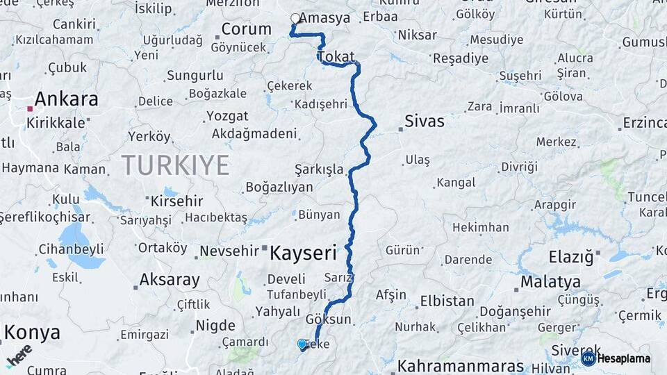 Adana Feke Amasya Arası Kaç Km - Yol Haritası
