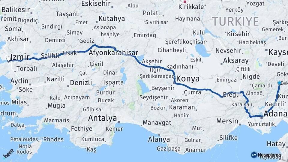 Adana Feke İzmir Arası Kaç Km - Yol Haritası