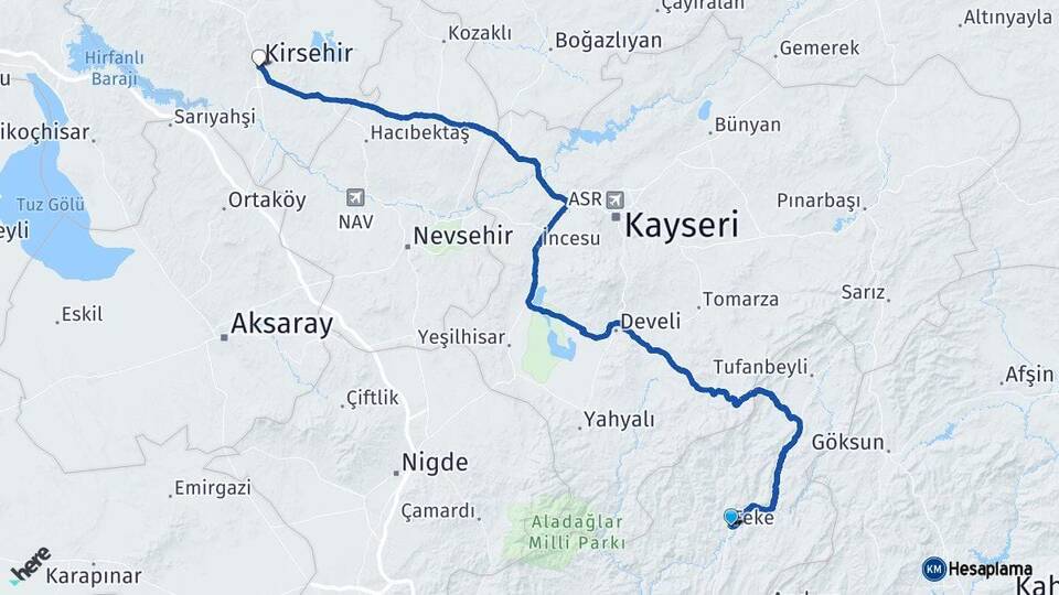 Adana Feke Kırşehir Arası Kaç Km - Yol Haritası