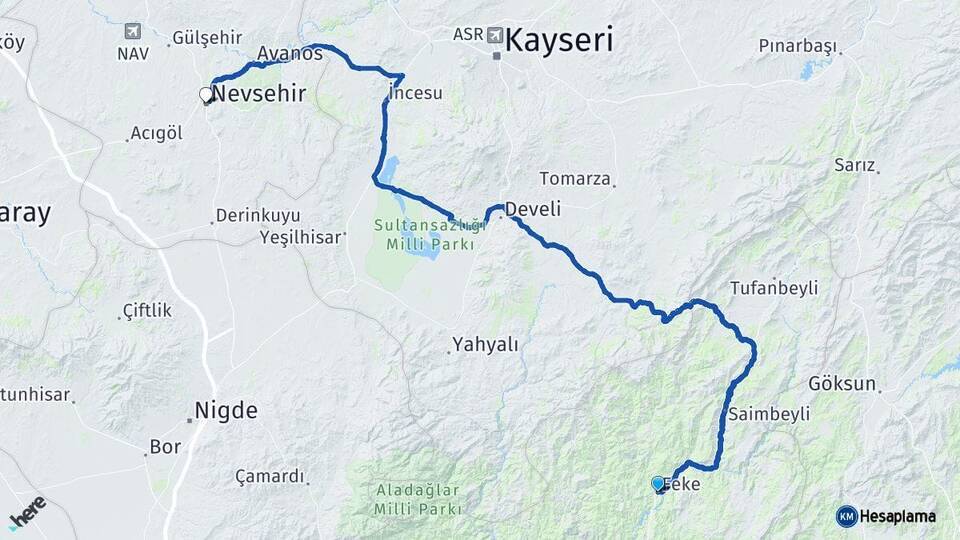 Adana Feke Nevşehir Arası Kaç Km - Yol Haritası