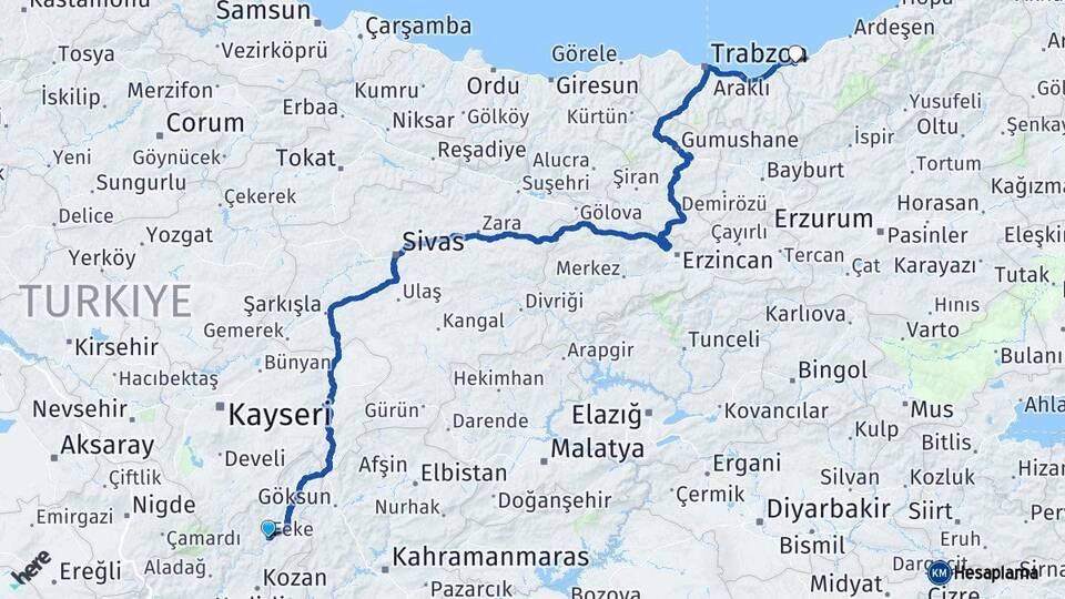 Adana Feke Rize Arası Kaç Km - Yol Haritası