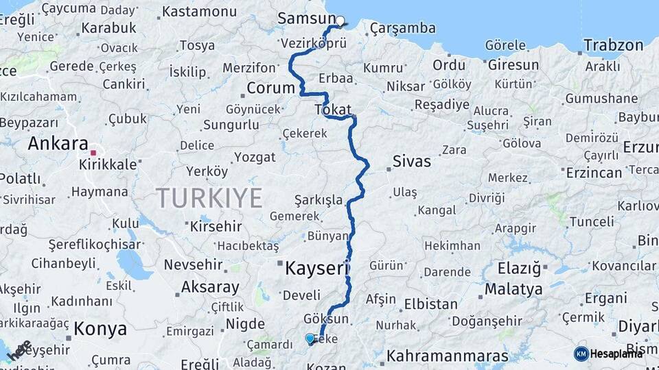 Adana Feke Samsun Arası Kaç Km - Yol Haritası
