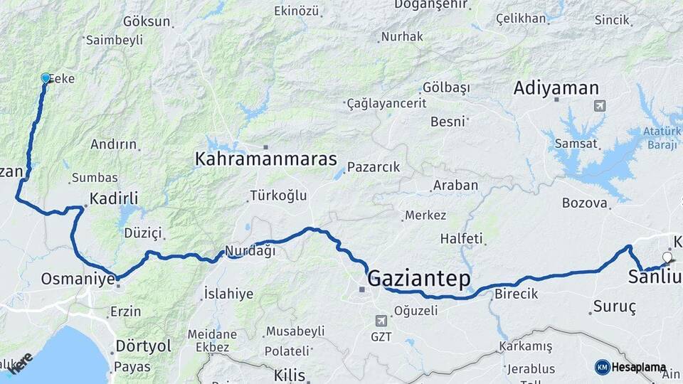 Adana Feke Şanlıurfa Arası Kaç Km - Yol Haritası