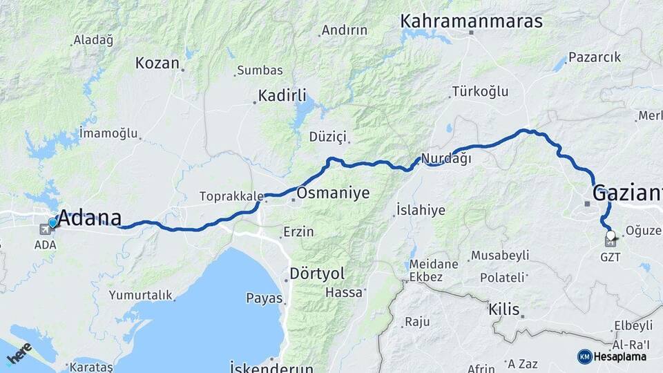 Adana Gaziantep Havalimanı Arası Kaç Km - Yol Haritası
