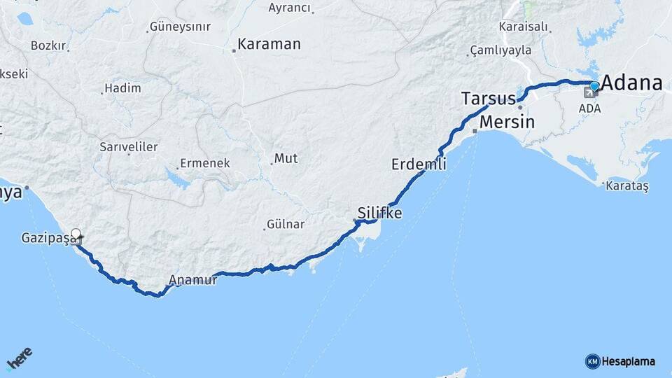 Adana Gazipaşa Alanya Havalimanı Arası Kaç Km - Yol Haritası