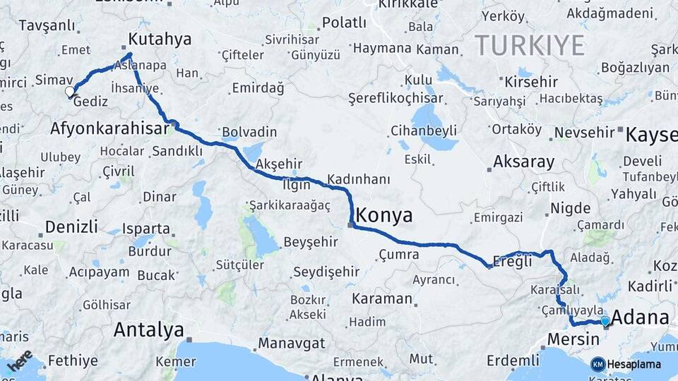 Adana Gediz Kütahya Arası Kaç Km - Yol Haritası