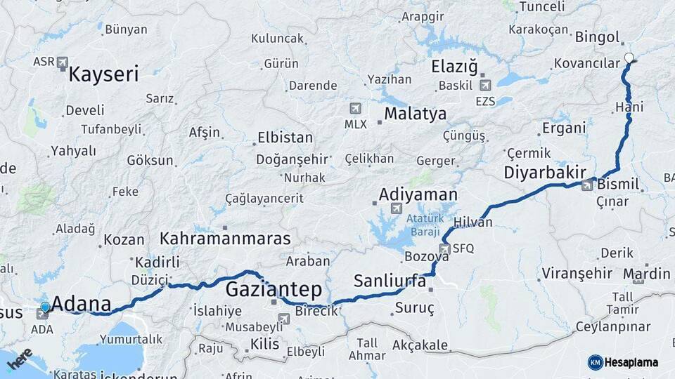 Adana Genç Bingöl Arası Kaç Km - Yol Haritası