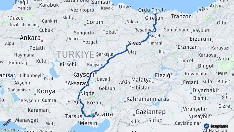 Adana Giresun Arası Kaç Km - Yol Haritası