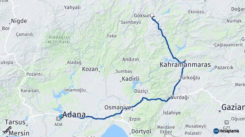 Adana Göksun Kahramanmaraş Arası Kaç Km - Yol Haritası