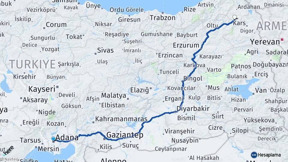 Adana Göle Ardahan Arası Kaç Km - Yol Haritası