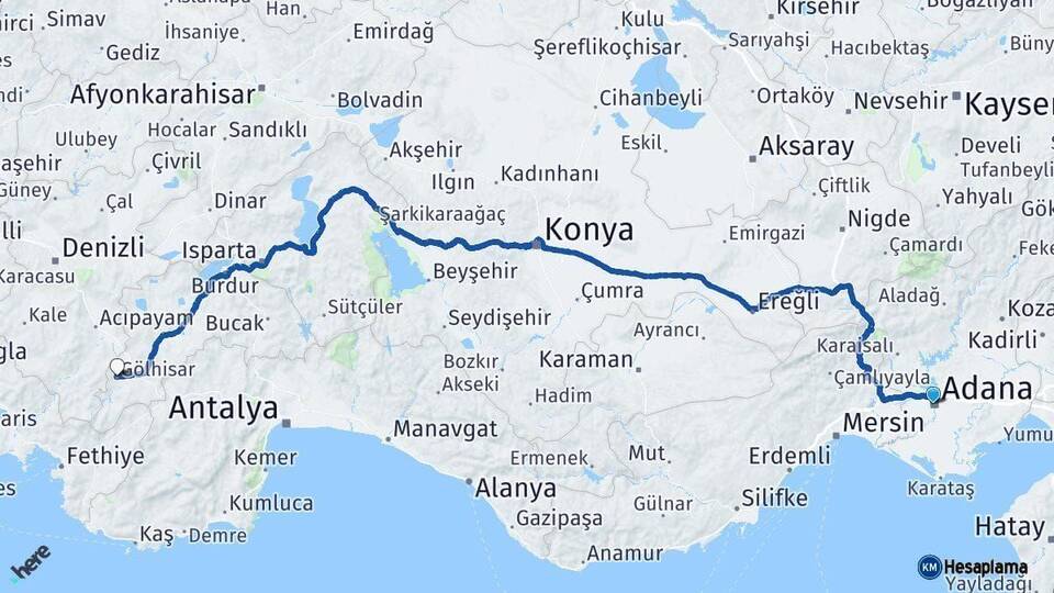 Adana Gölhisar Burdur Arası Kaç Km - Yol Haritası
