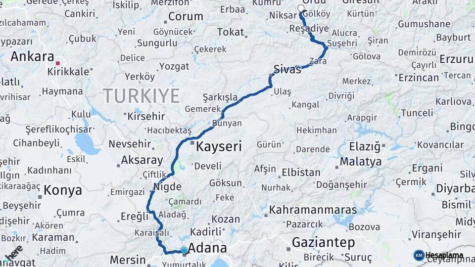 Adana Gölköy Ordu Arası Kaç Km - Yol Haritası
