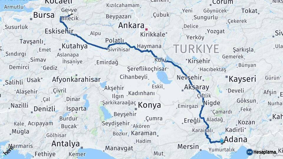 Adana Gölpazarı Bilecik Arası Kaç Km - Yol Haritası