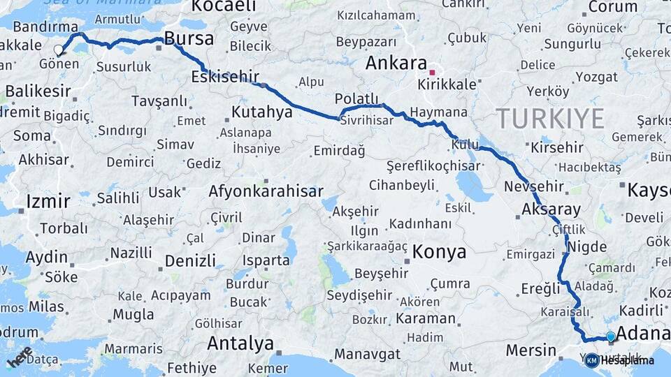 Adana Gönen Balıkesir Arası Kaç Km - Yol Haritası