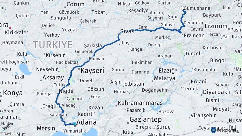 Adana Gümüşhane Arası Kaç Km - Yol Haritası