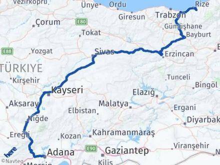 Adana Güneysu Rize Arası Kaç Km - Yol Haritası