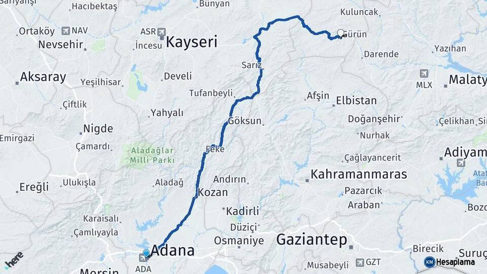 Adana Gürün Sivas Arası Kaç Km - Yol Haritası