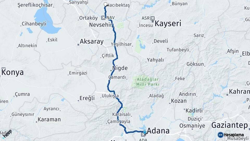 Adana Hacıbektaş Nevşehir Arası Kaç Km - Yol Haritası
