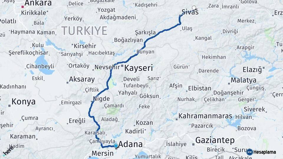 Adana Hafik Sivas Arası Kaç Km - Yol Haritası