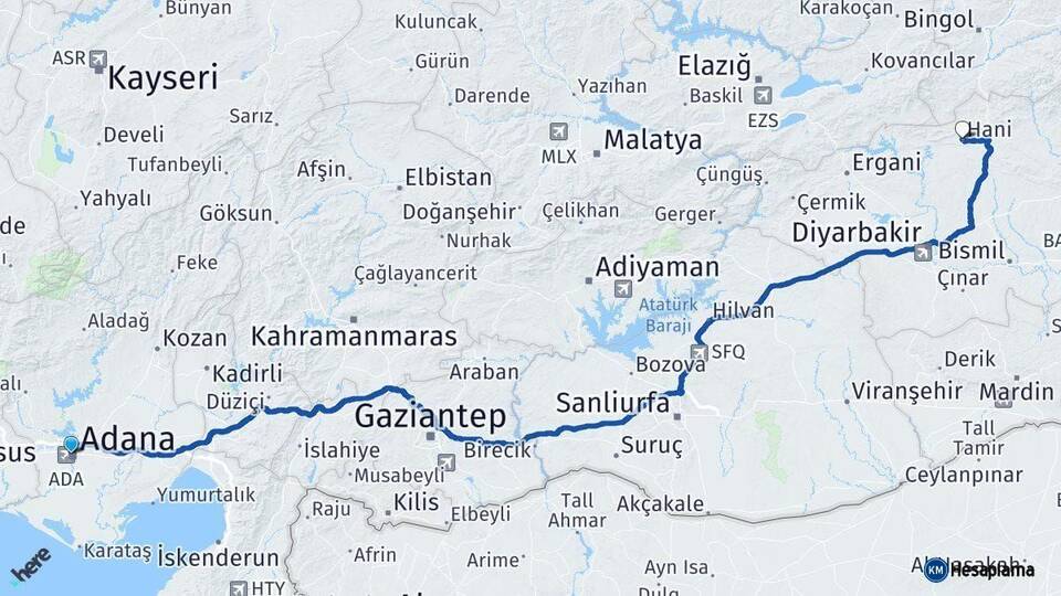 Adana Hani Diyarbakır Arası Kaç Km - Yol Haritası