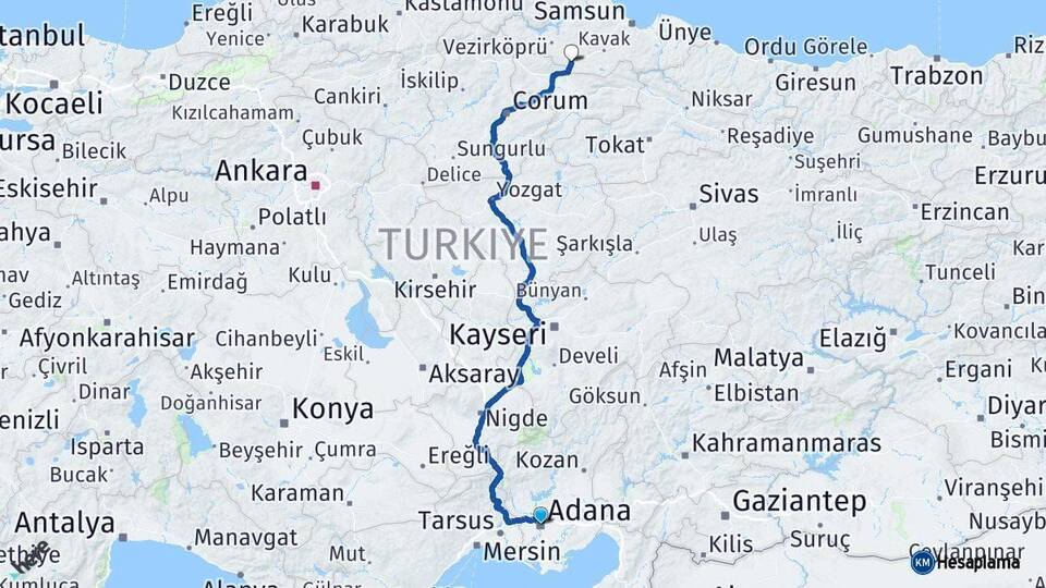 Adana Havza Samsun Arası Kaç Km - Yol Haritası
