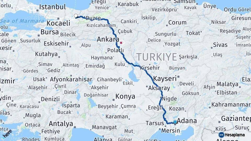 Adana Hendek Sakarya Arası Kaç Km - Yol Haritası