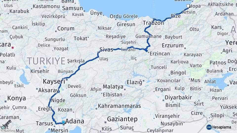 Adana Hopa Artvin Arası Kaç Km - Yol Haritası