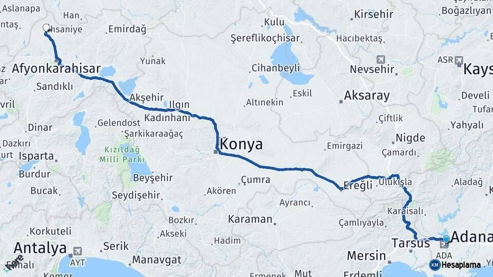 Adana İhsaniye Afyonkarahisar Arası Kaç Km - Yol Haritası