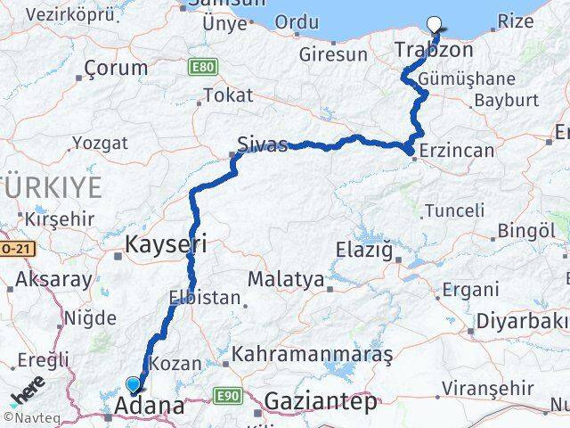 Adana İmamoğlu Trabzon Arası Kaç Km - Yol Haritası