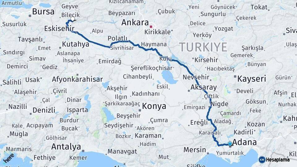 Adana İnhisar Bilecik Arası Kaç Km - Yol Haritası