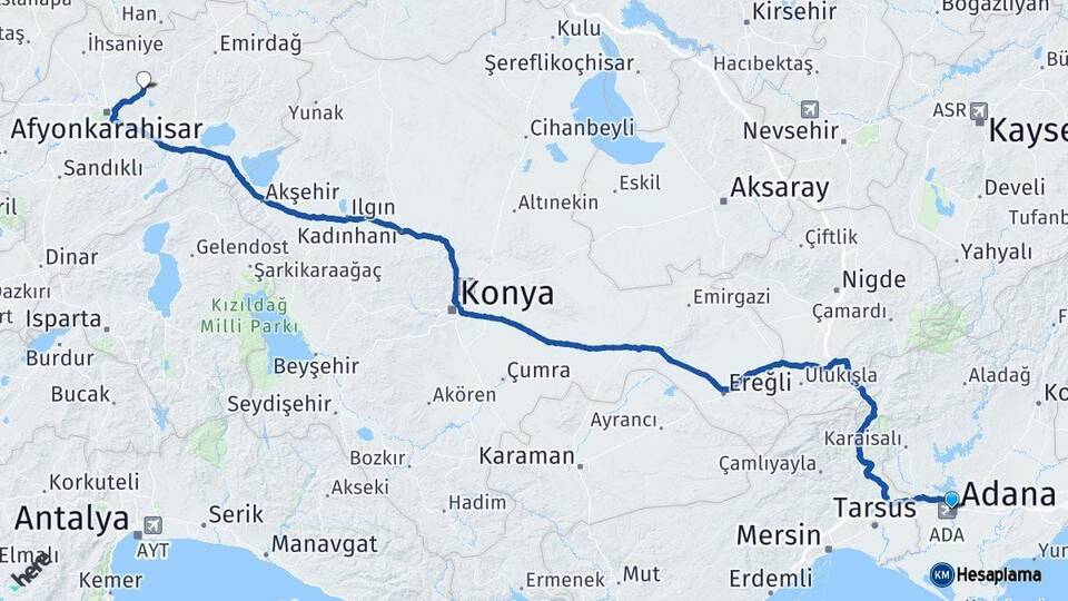 Adana İscehisar Afyonkarahisar Arası Kaç Km - Yol Haritası