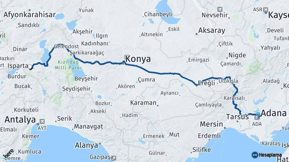 Adana Isparta Arası Kaç Km - Yol Haritası
